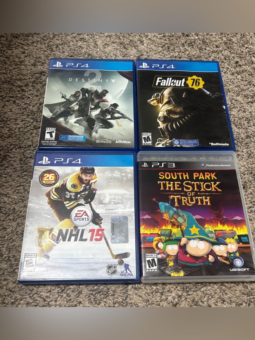 PS4 (3 games: Fallout 76, NHL 15, Destiny 2) and PS3 (1 game: South Park)